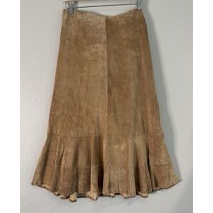 Chico's 100% Suede Leather Flounce Midi Skirt Tan Boho Western Women's Size 2